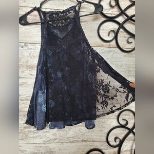 Free People Lace Overlay Navy Blue Top